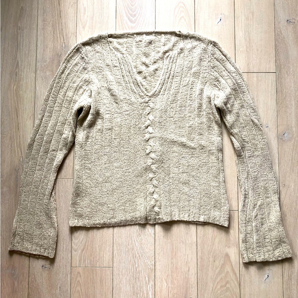 Y2K Flare Sleeve V Neck Cable Knit Sweater in Beige